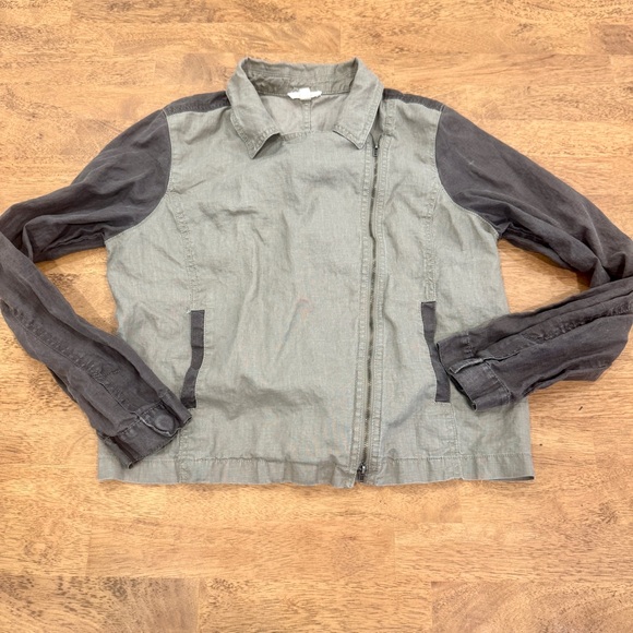 Eileen Fisher Asymmetrical Zip Jacket Women Large Moto Style Organic Linen Gray - Picture 1 of 7